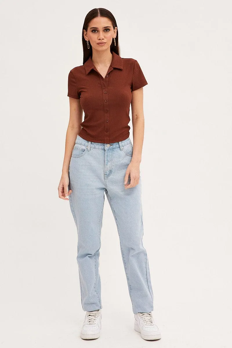 Brown Collared Top Short Sleeve Button Up Rib Jersey
