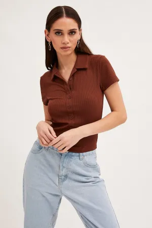 Brown Collared Top Short Sleeve Button Up Rib Jersey