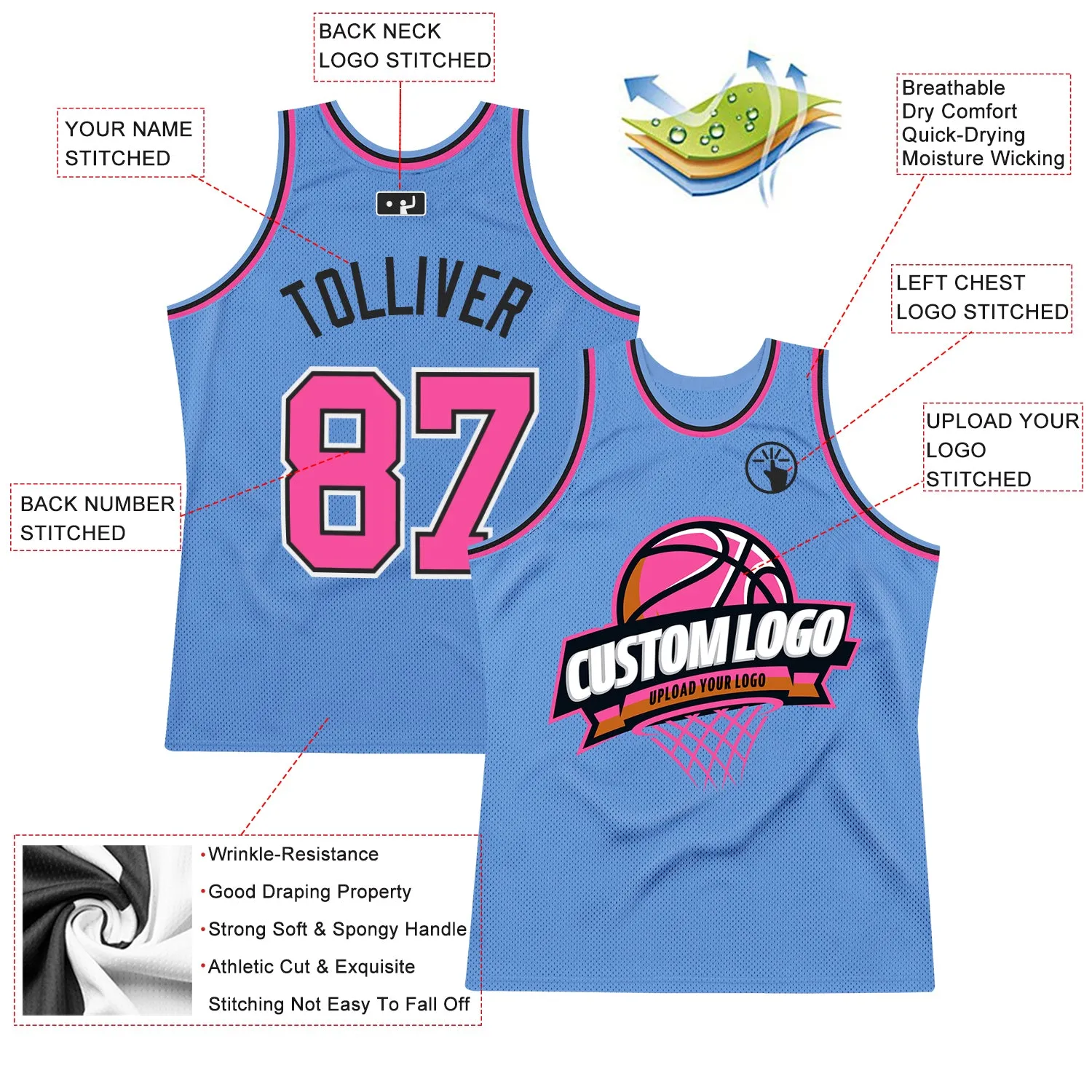 Custom Light Blue Pink-Black Authentic Throwback Basketball Jersey