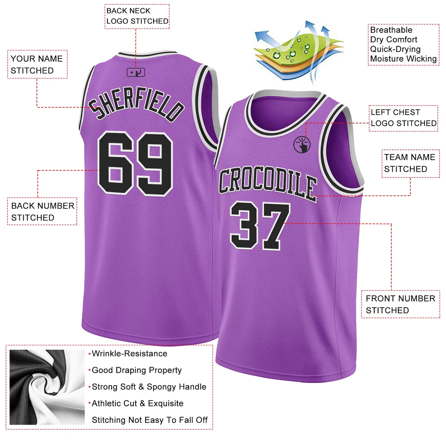 Custom Medium Purple Black-White Authentic Basketball Jersey