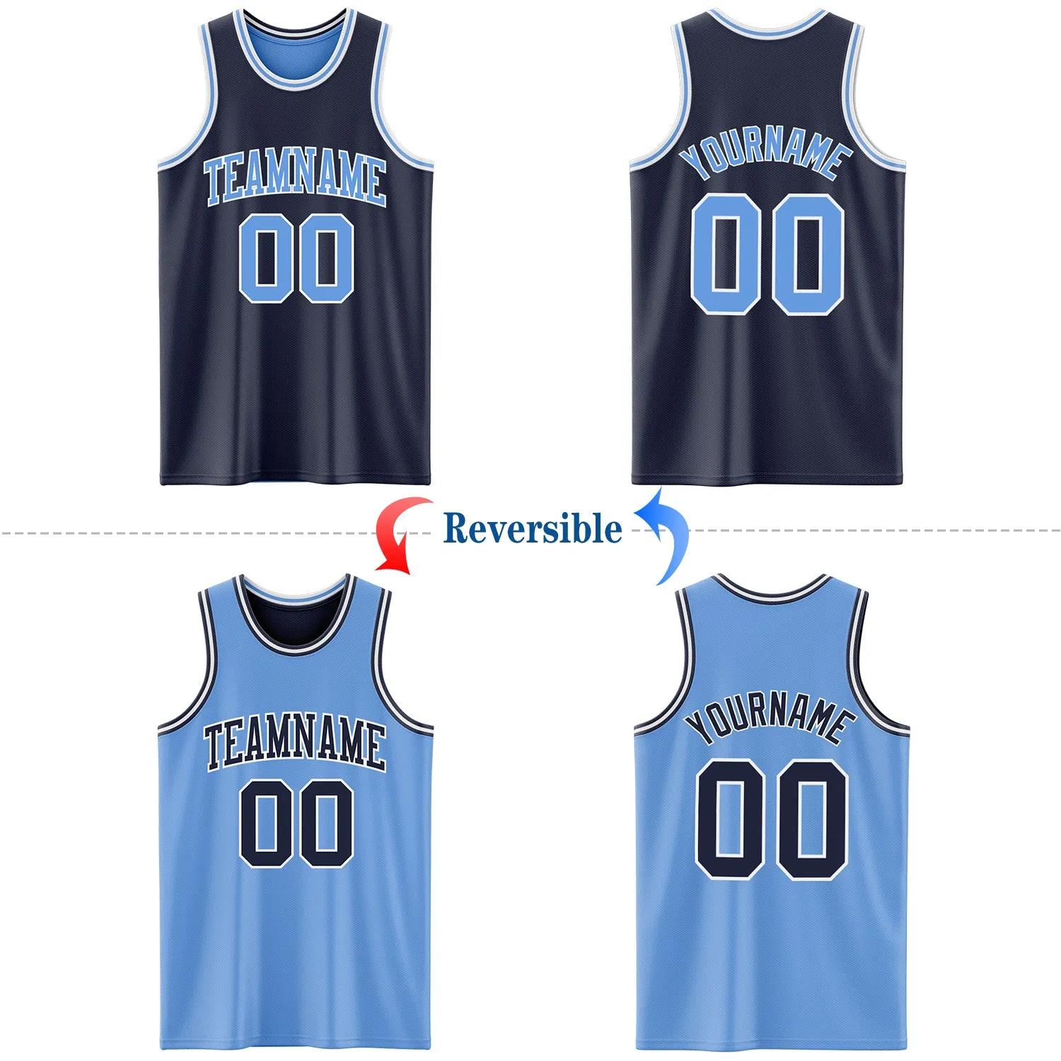 Custom Navy Light Blue-White Reversible Double Side Basketball Jersey