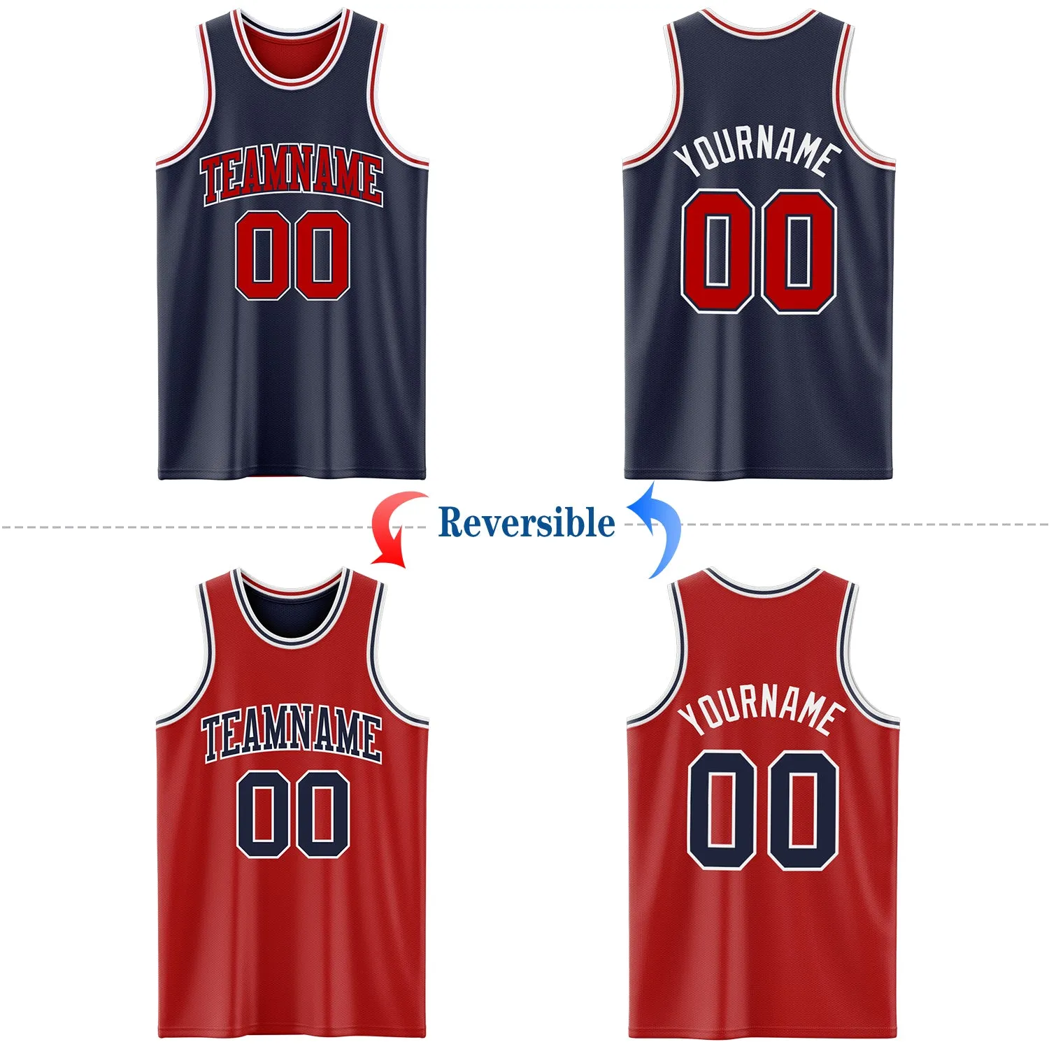 Custom Navy Red-White Reversible Double Side Basketball Jersey