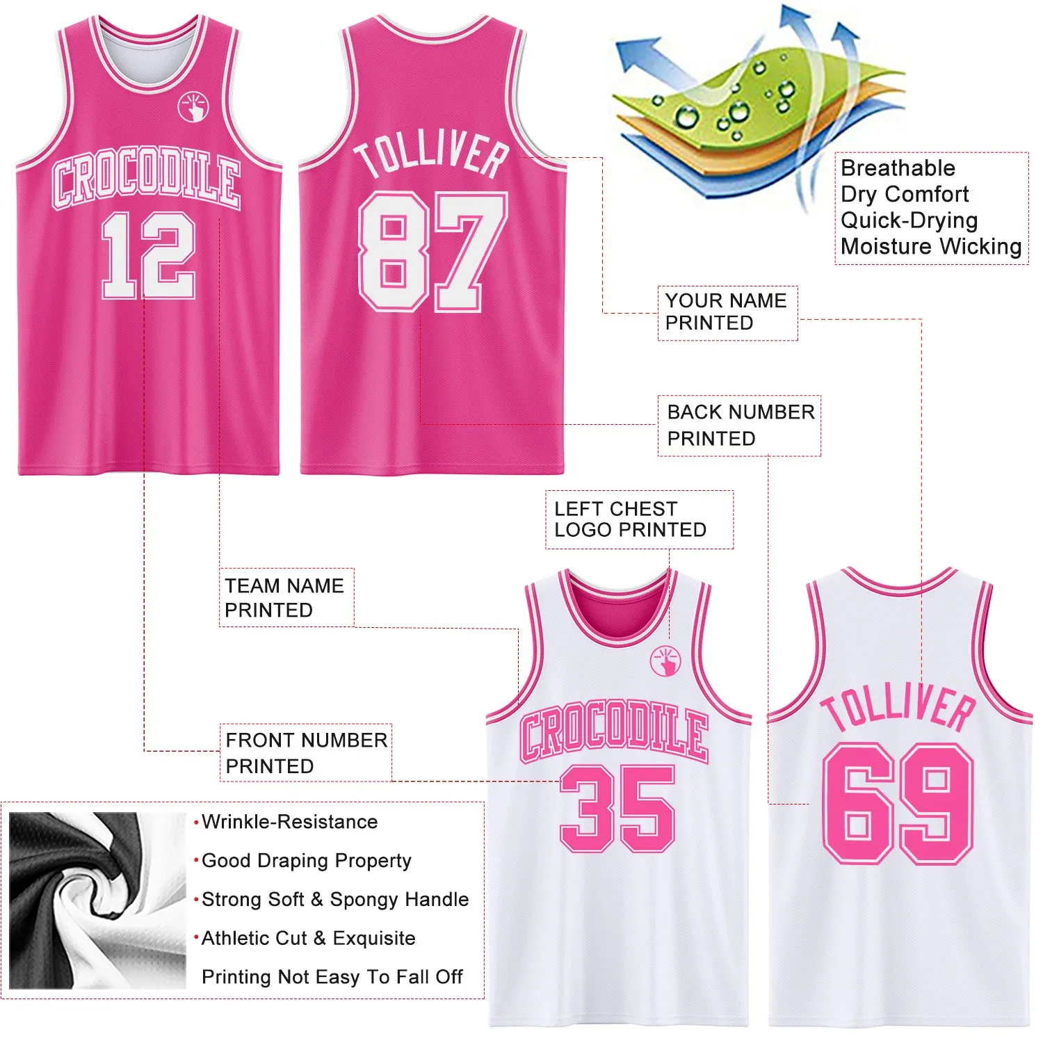 Custom Pink White Reversible Double Side Basketball Jersey