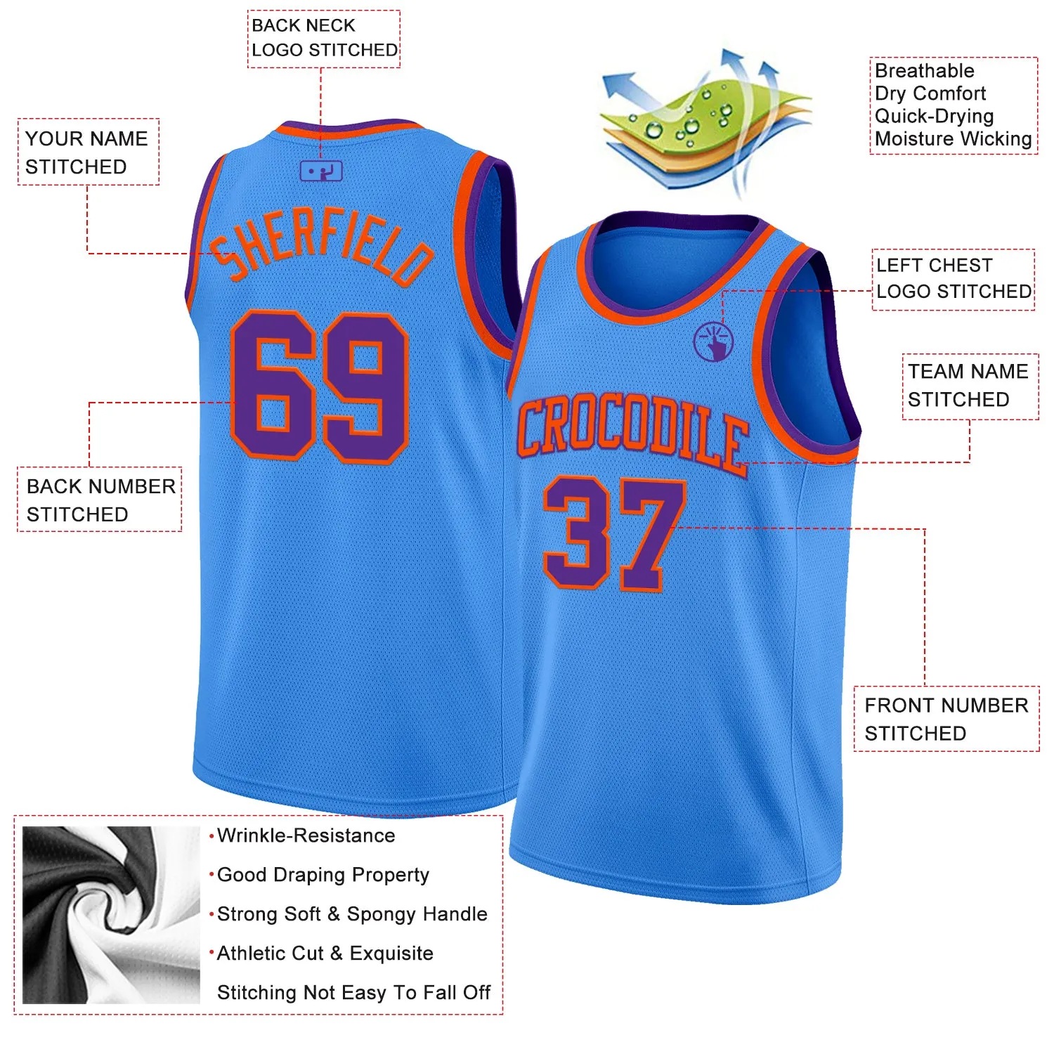 Custom Powder Blue Purple-Orange Authentic Basketball Jersey