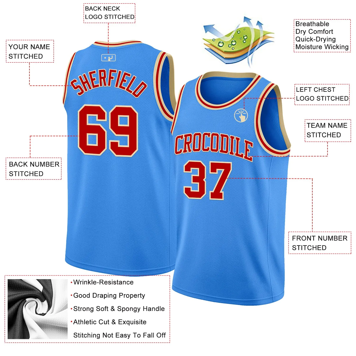 Custom Powder Blue Red-Cream Authentic Basketball Jersey