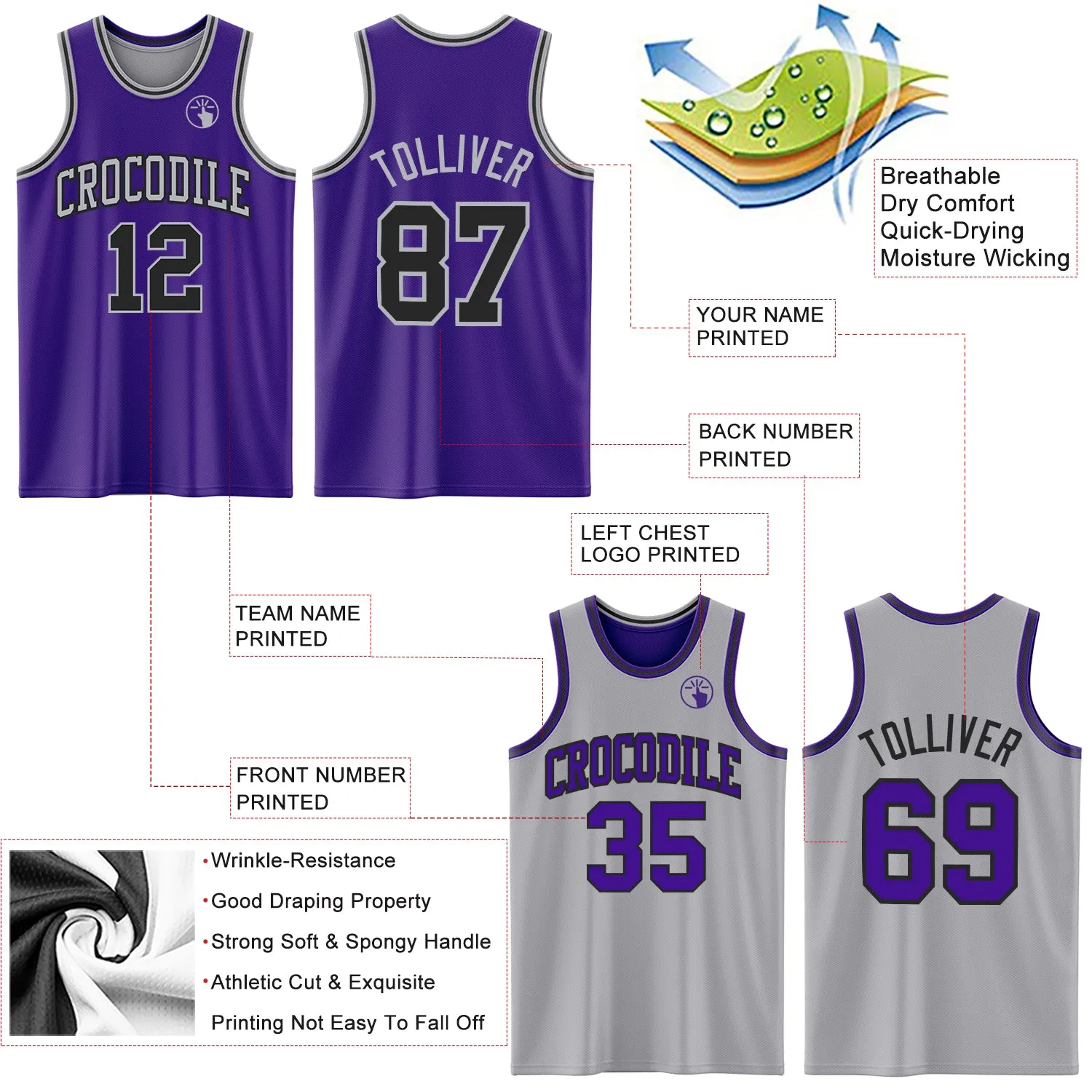 Custom Purple Black-Gray Reversible Double Side Basketball Jersey