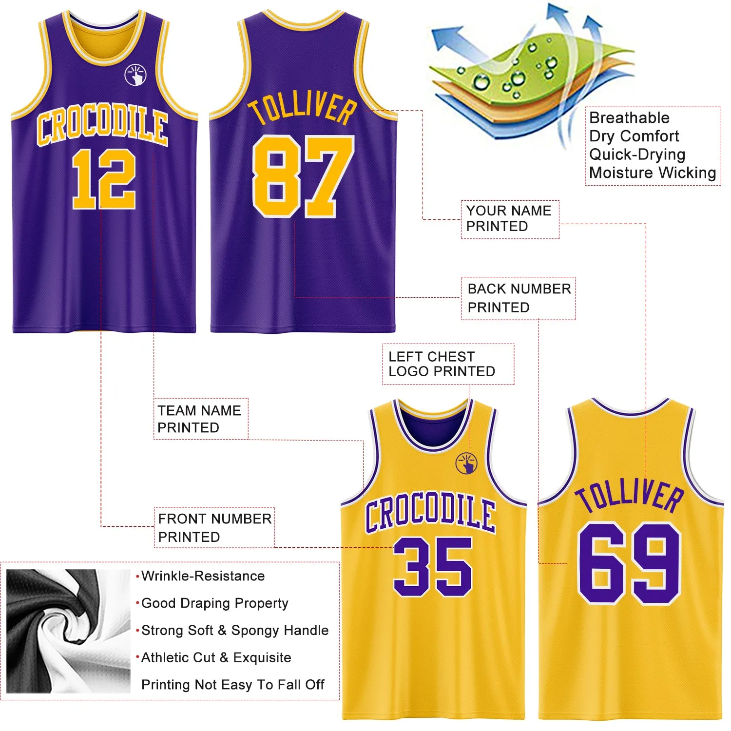 Custom Purple Gold-White Reversible Double Side Basketball Jersey