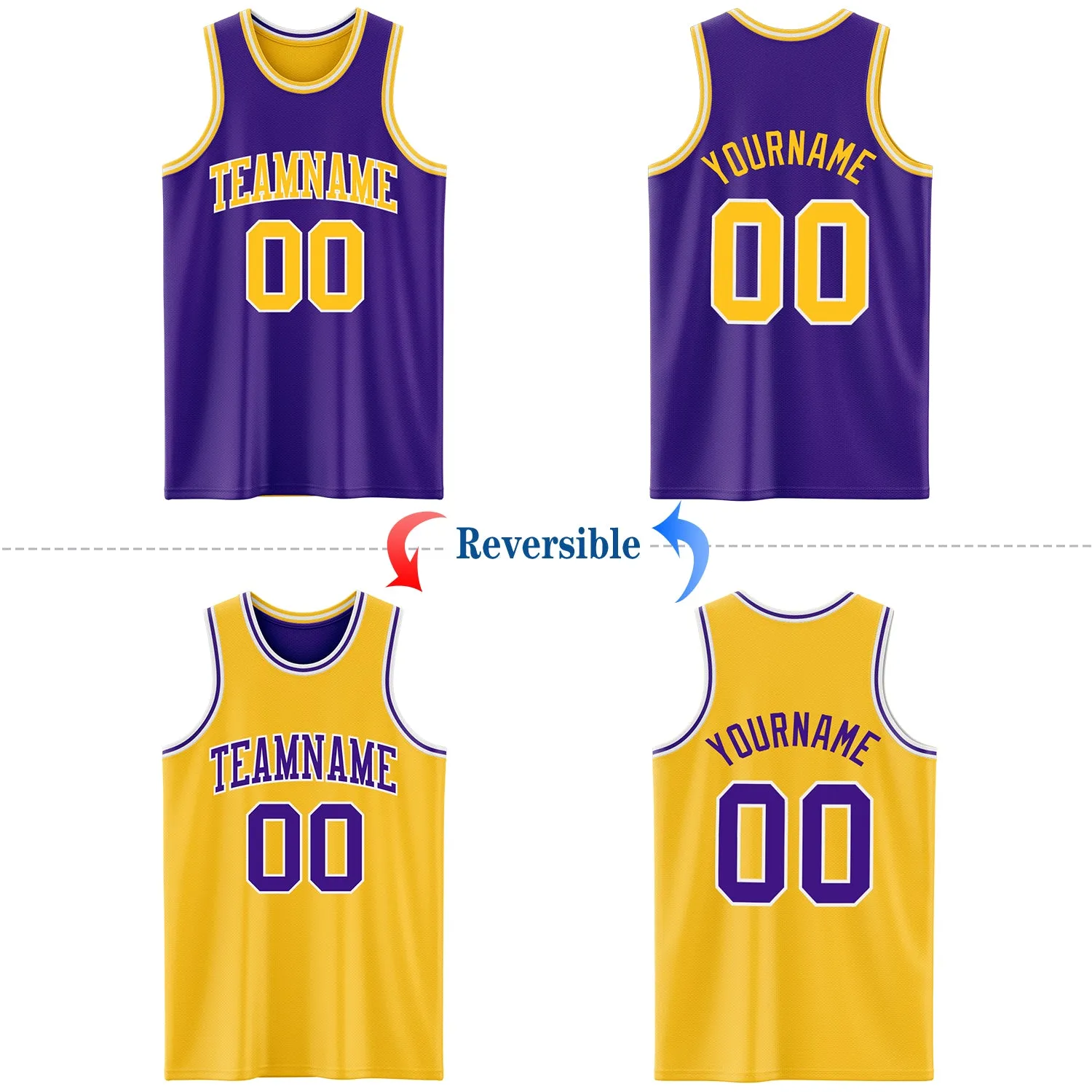 Custom Purple Gold-White Reversible Double Side Basketball Jersey