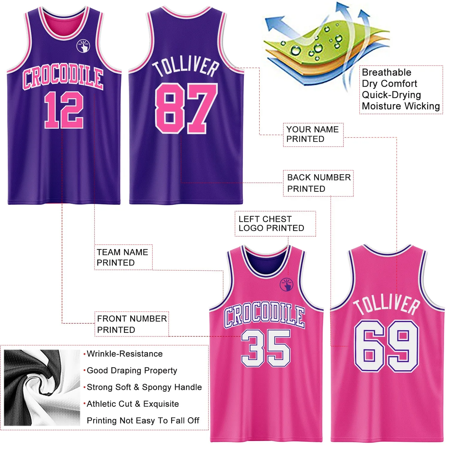 Custom Purple Pink-White Reversible Double Side Basketball Jersey