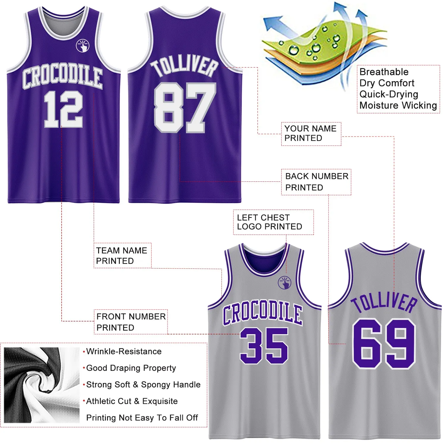 Custom Purple White-Gray Reversible Double Side Basketball Jersey