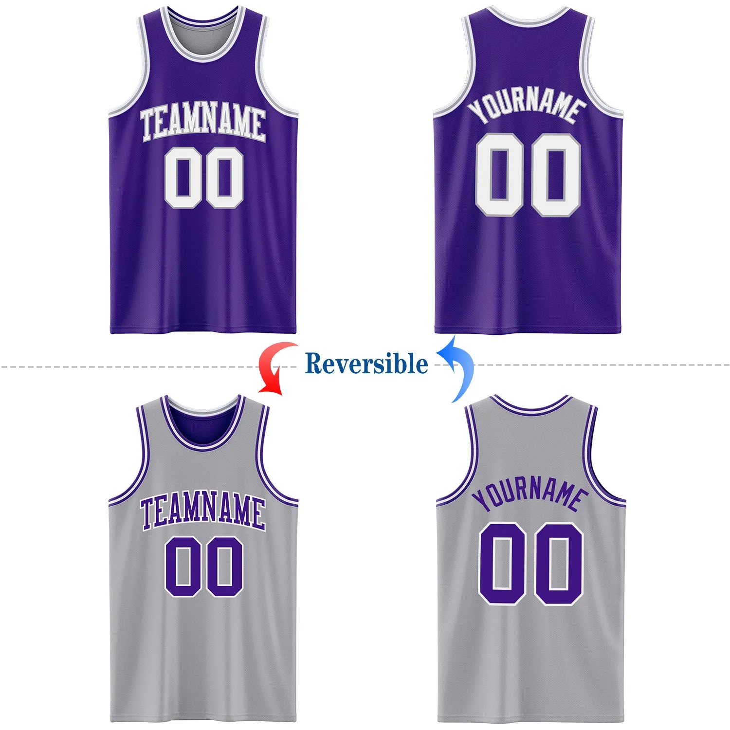 Custom Purple White-Gray Reversible Double Side Basketball Jersey