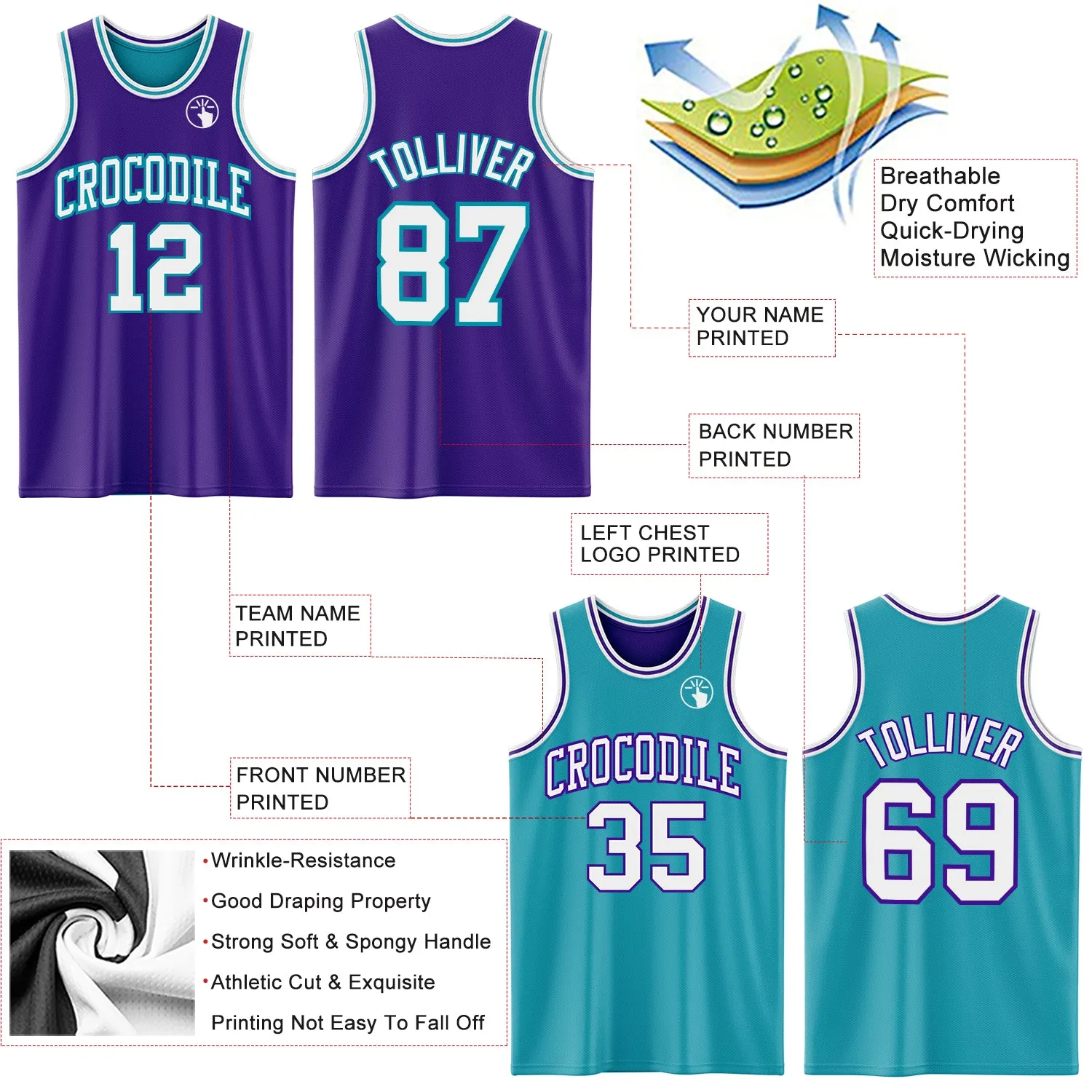 Custom Purple White-Teal Reversible Double Side Basketball Jersey