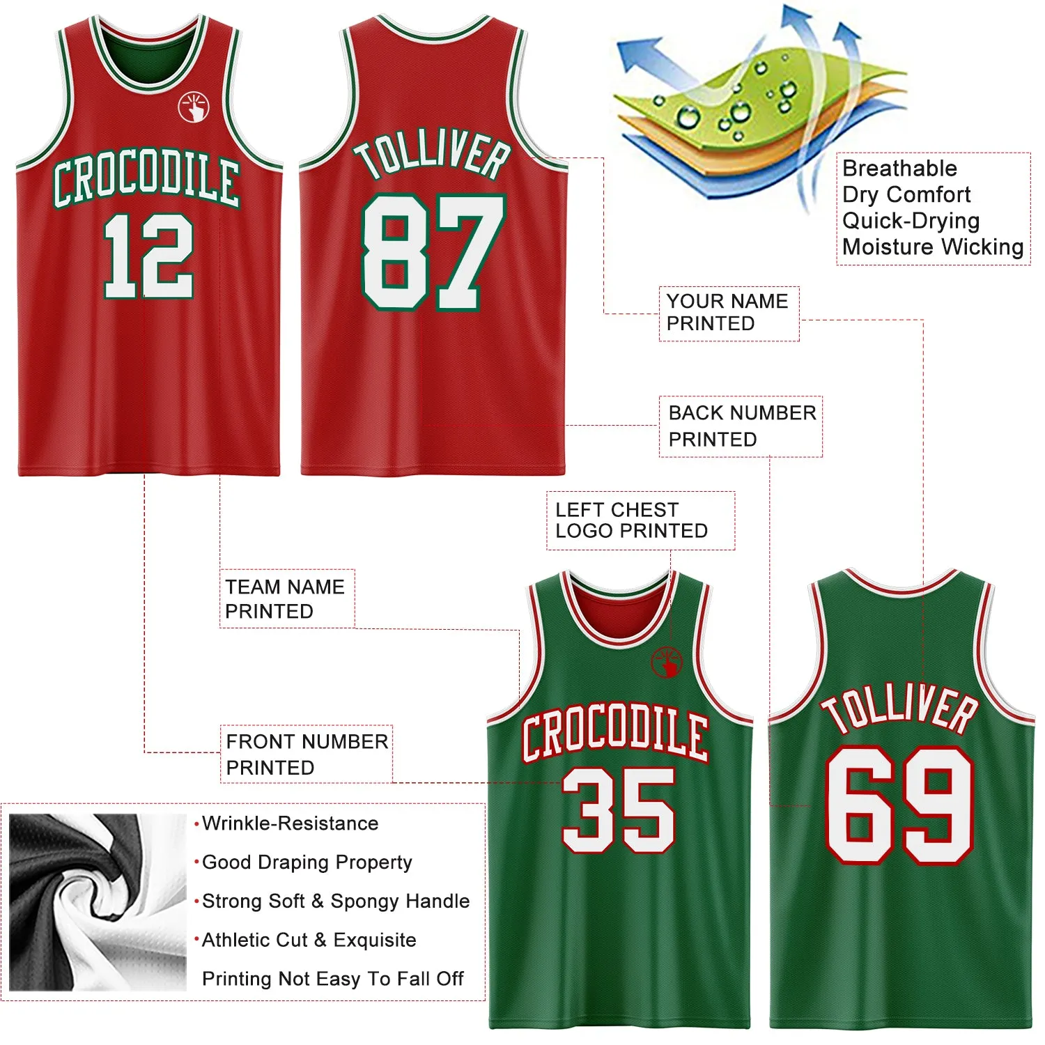 Custom Red White-Kelly Green Reversible Double Side Basketball Jersey