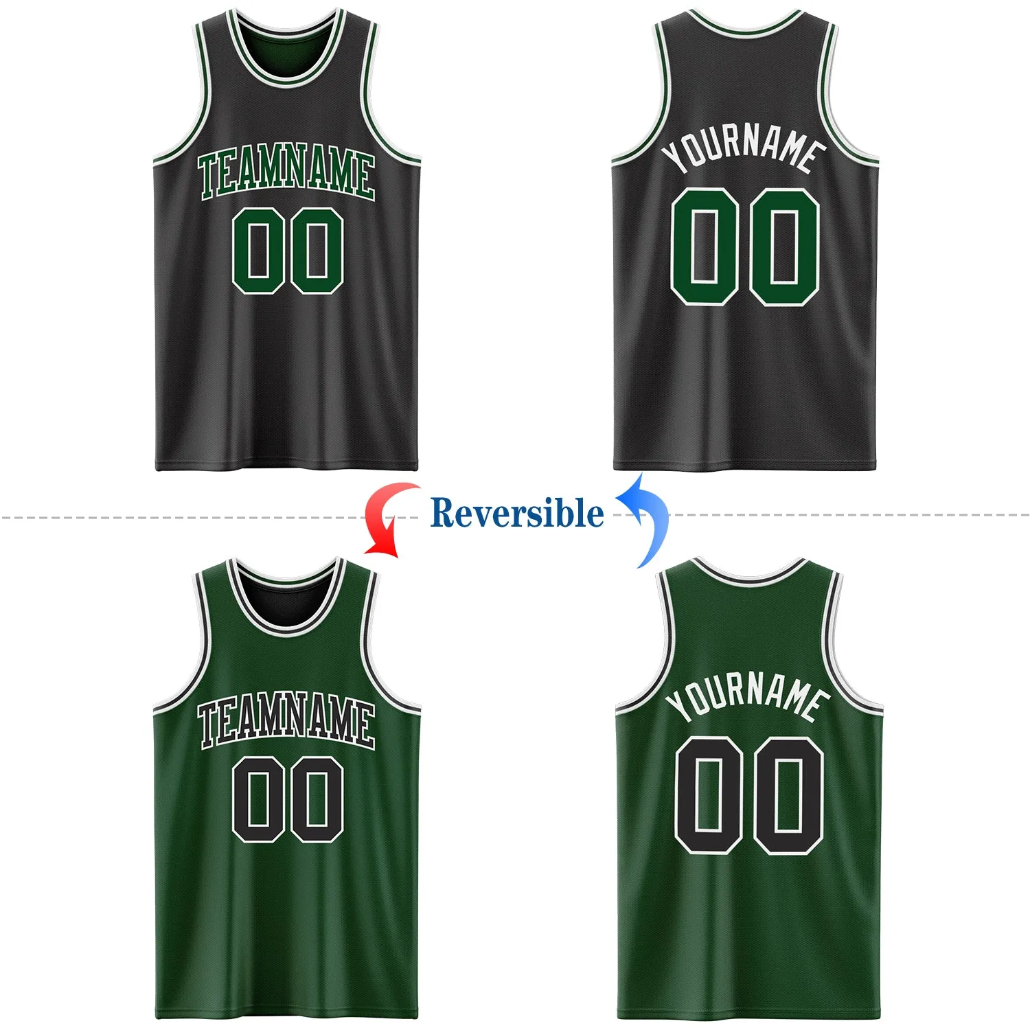 Custom Reversible Black Green-White Double Side Basketball Jersey