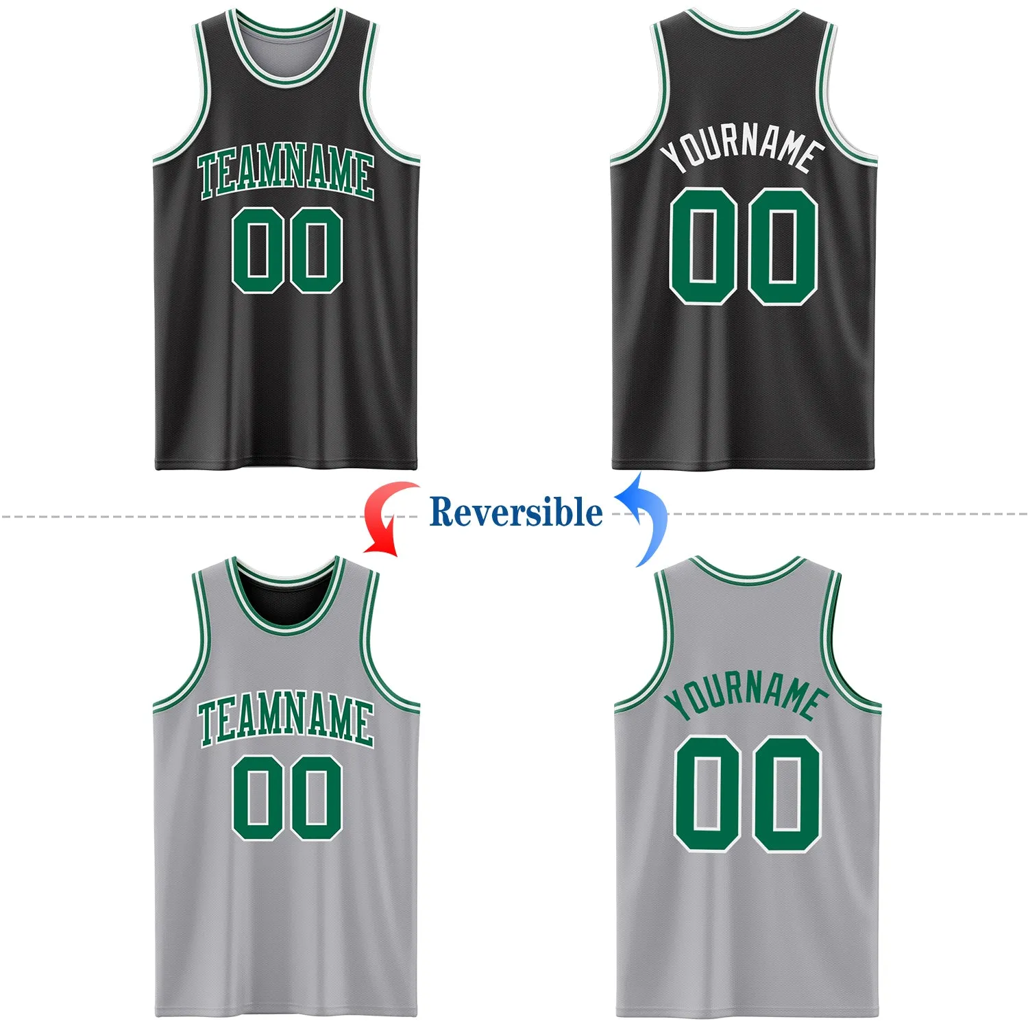 Custom Reversible Black Kelly Green-White Double Side Basketball Jersey