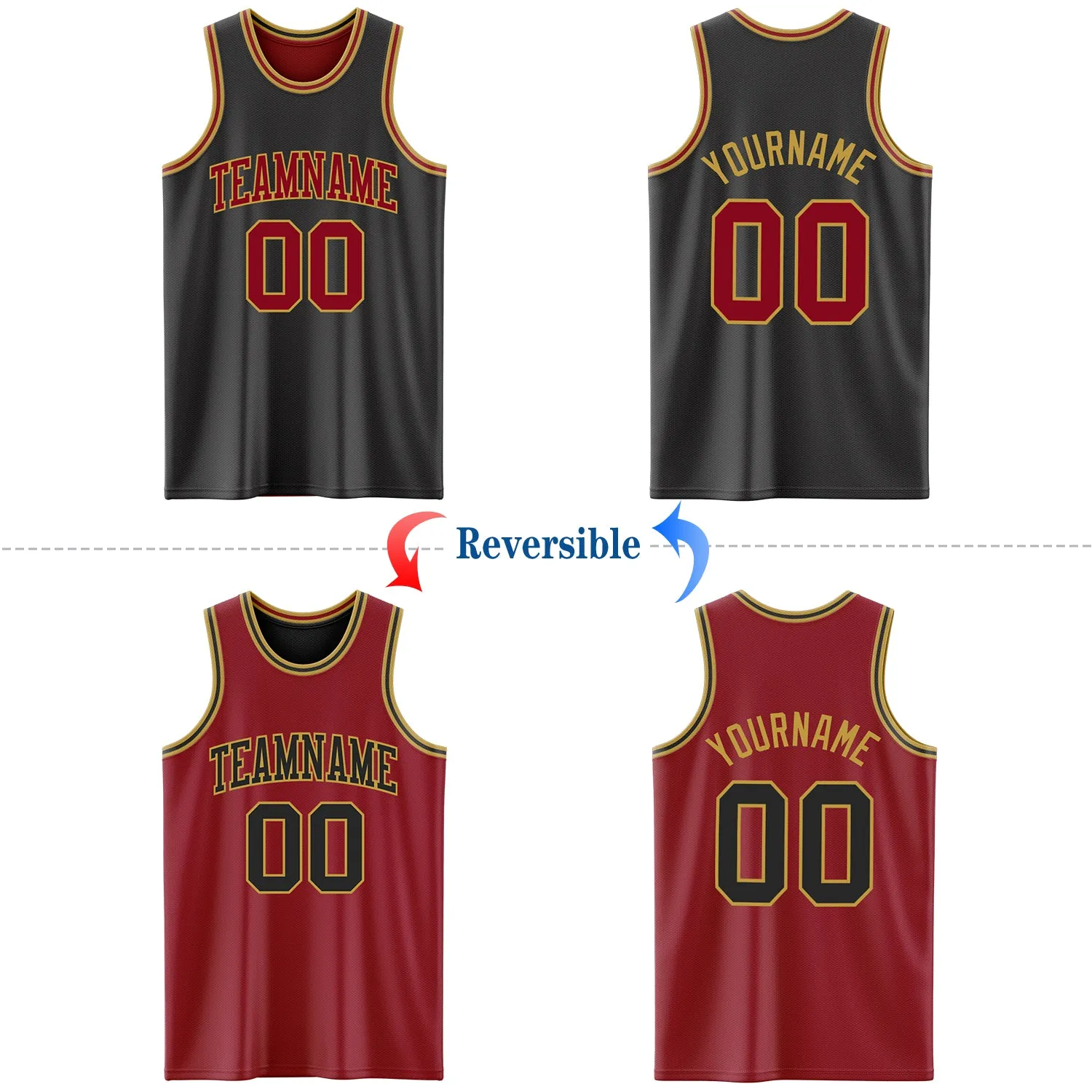 Custom Reversible Black Maroon-Old Gold Double Side Basketball Jersey