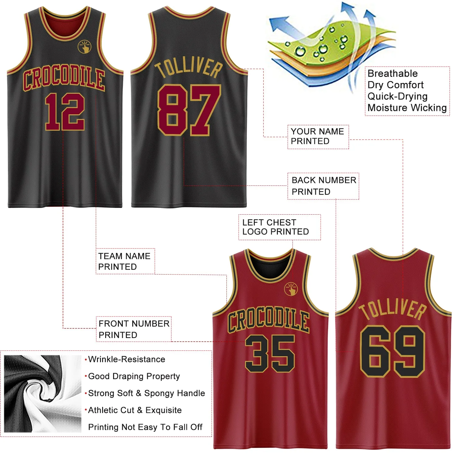 Custom Reversible Black Maroon-Old Gold Double Side Basketball Jersey