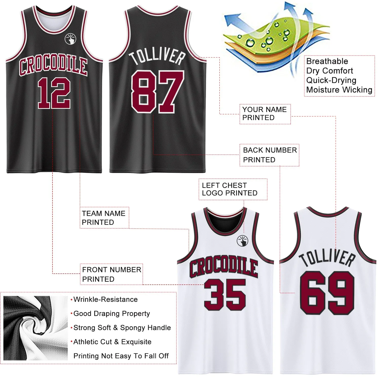 Custom Reversible Black Maroon-White Double Side Basketball Jersey