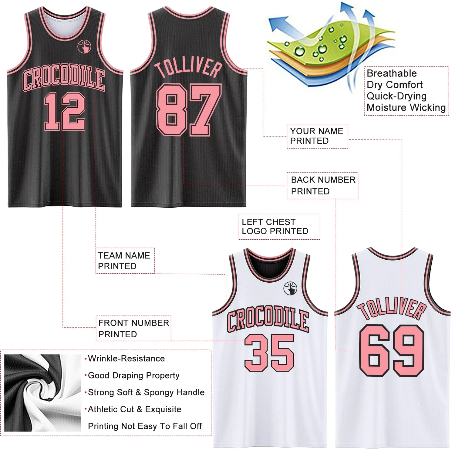 Custom Reversible Black Medium Pink Double Side Basketball Jersey