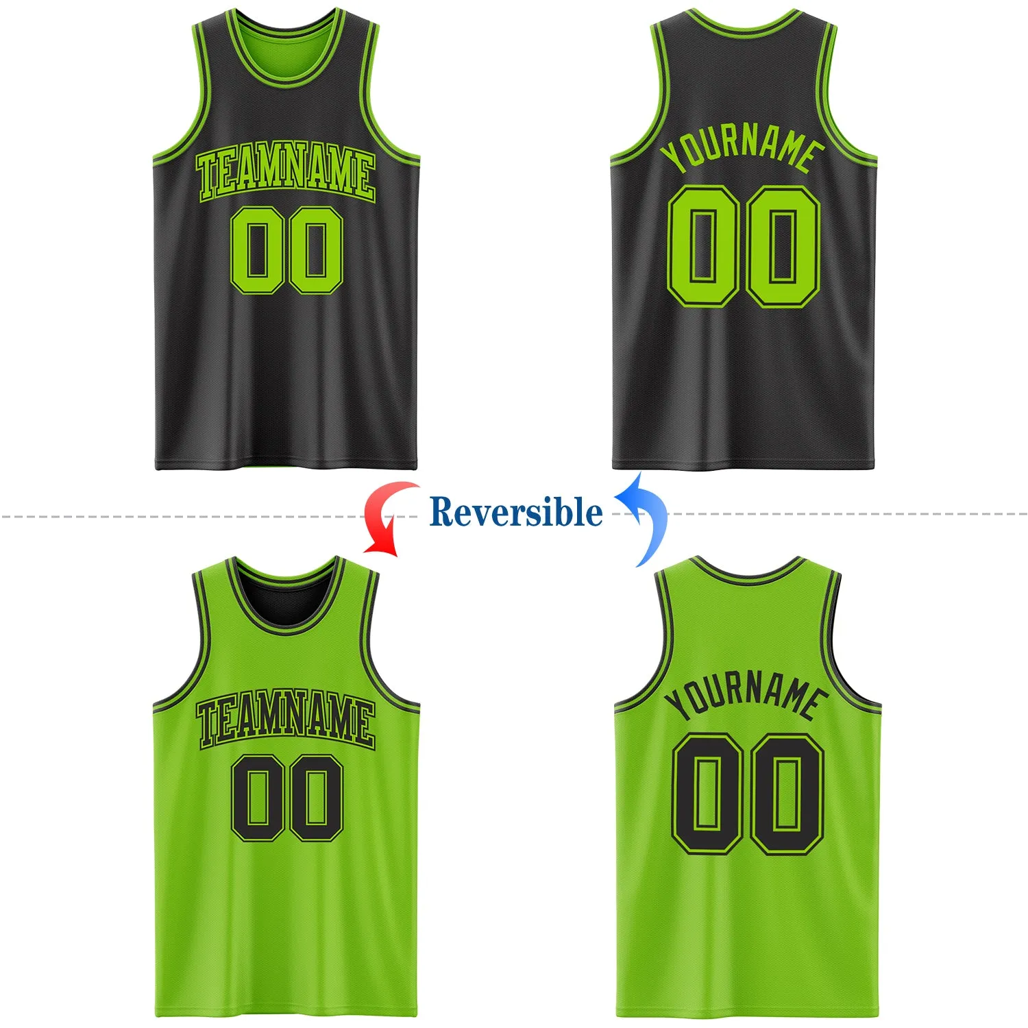 Custom Reversible Black Neon Green Double Side Basketball Jersey