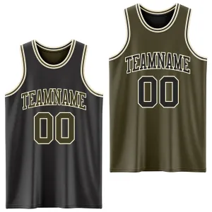 Custom Reversible Black Olive-Cream Double Side Basketball Jersey
