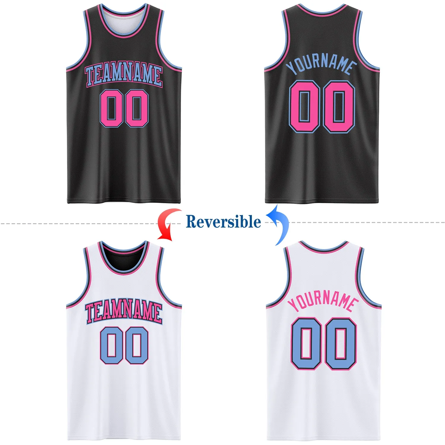 Custom Reversible Black Pink-Light Blue Double Side Basketball Jersey
