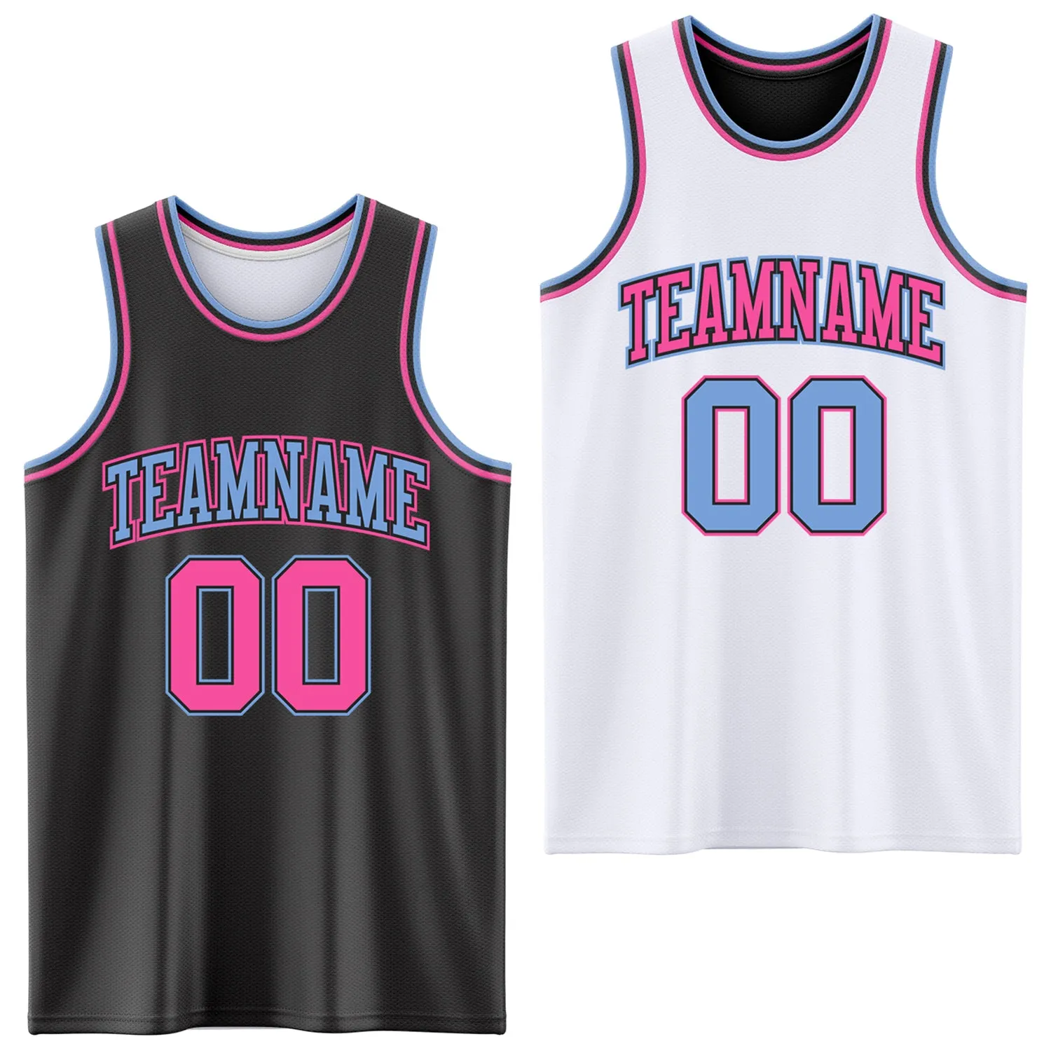 Custom Reversible Black Pink-Light Blue Double Side Basketball Jersey