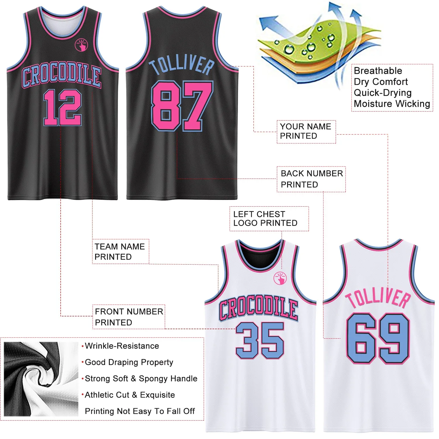Custom Reversible Black Pink-Light Blue Double Side Basketball Jersey