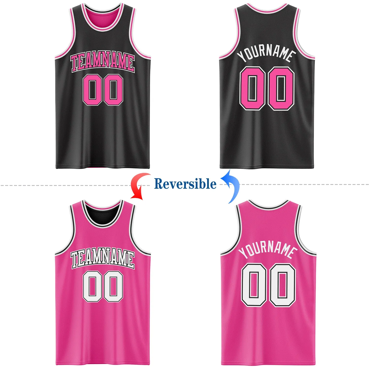 Custom Reversible Black Pink-White Double Side Basketball Jersey