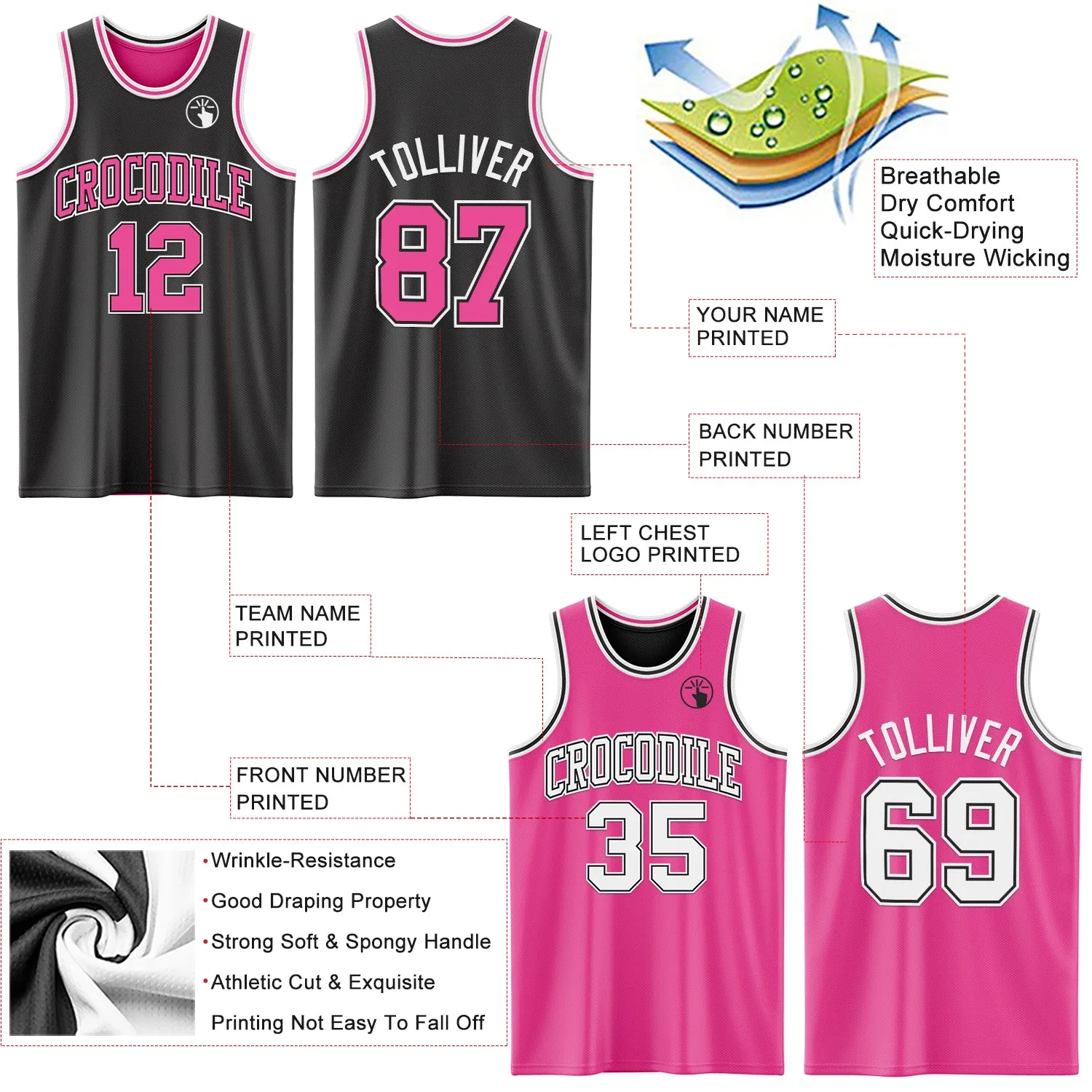 Custom Reversible Black Pink-White Double Side Basketball Jersey