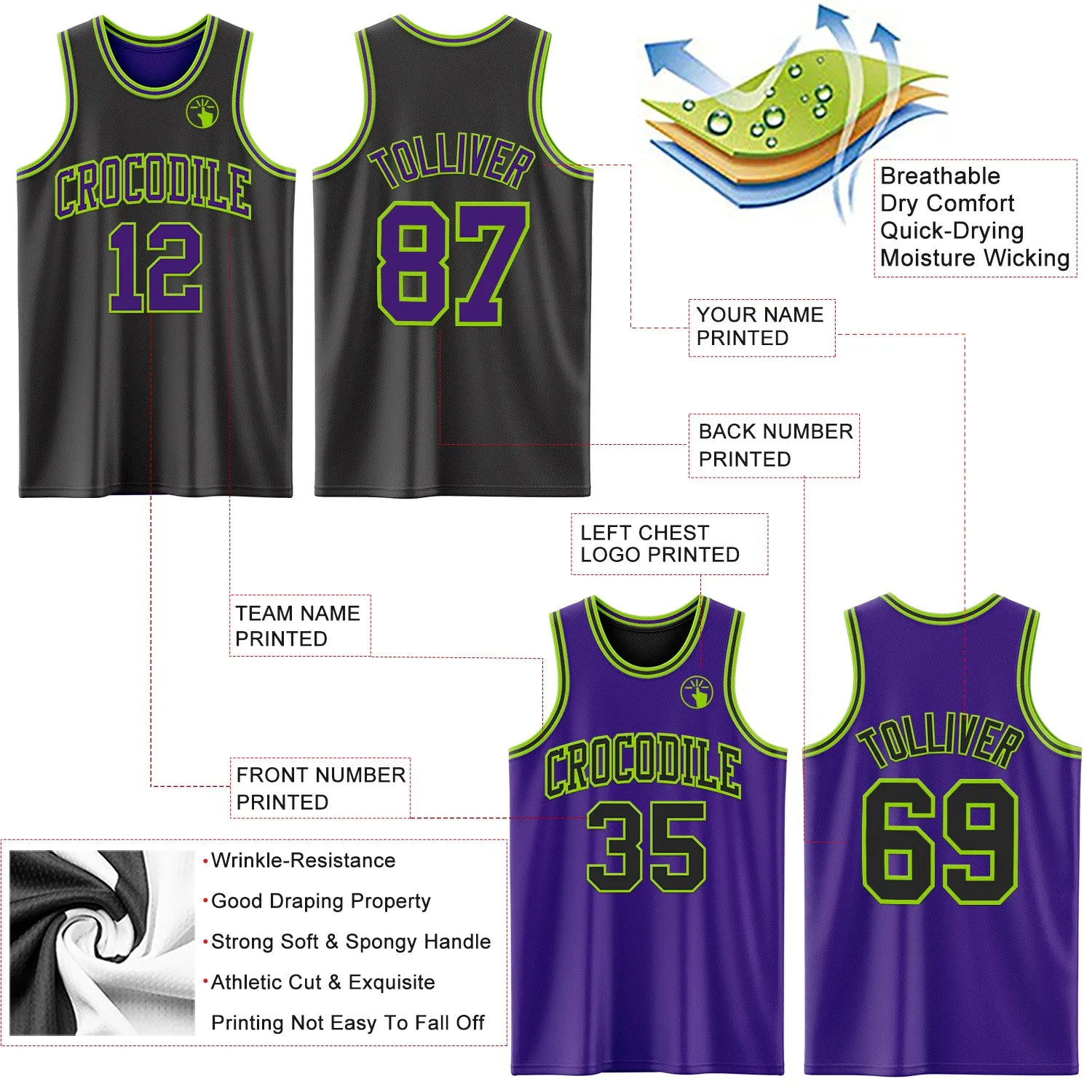 Custom Reversible Black Purple-Neon Green Double Side Basketball Jersey