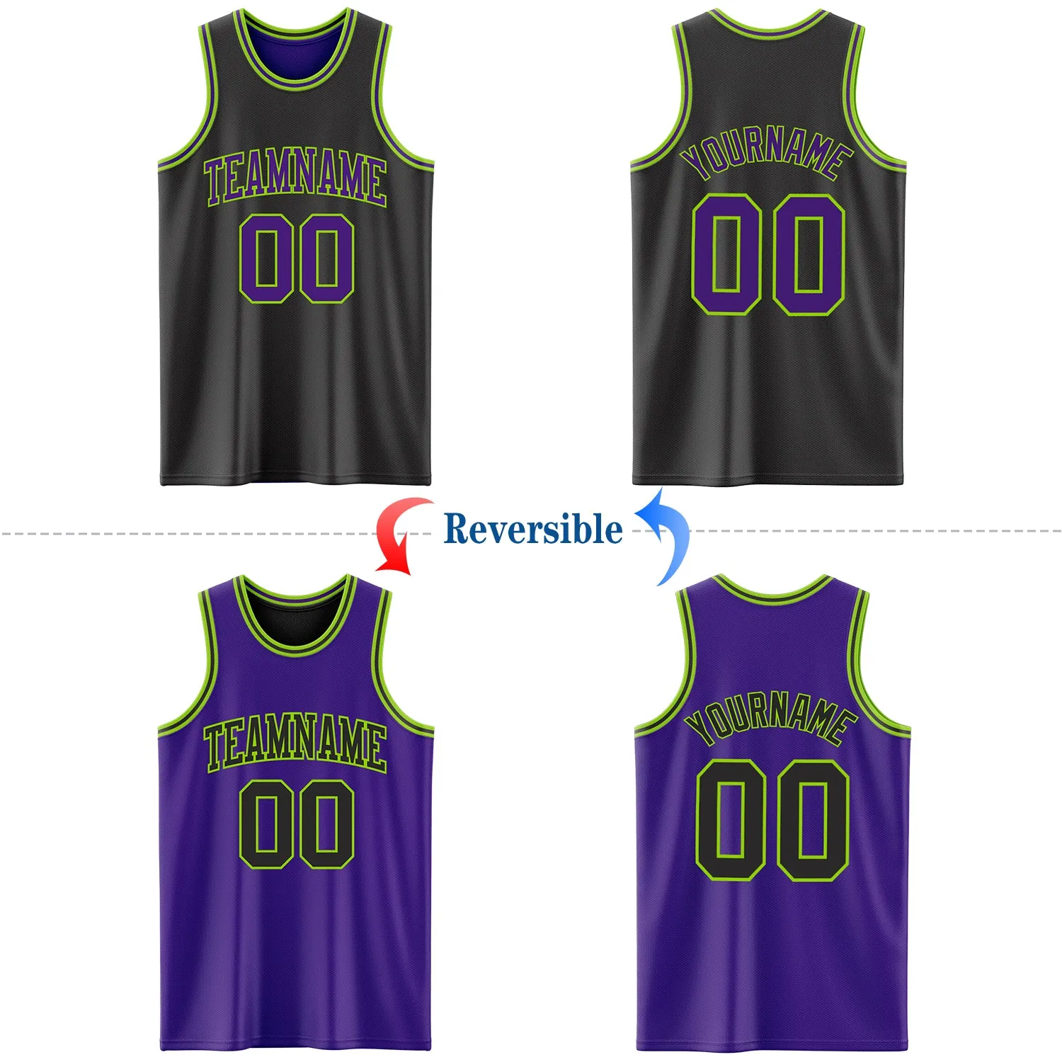 Custom Reversible Black Purple-Neon Green Double Side Basketball Jersey