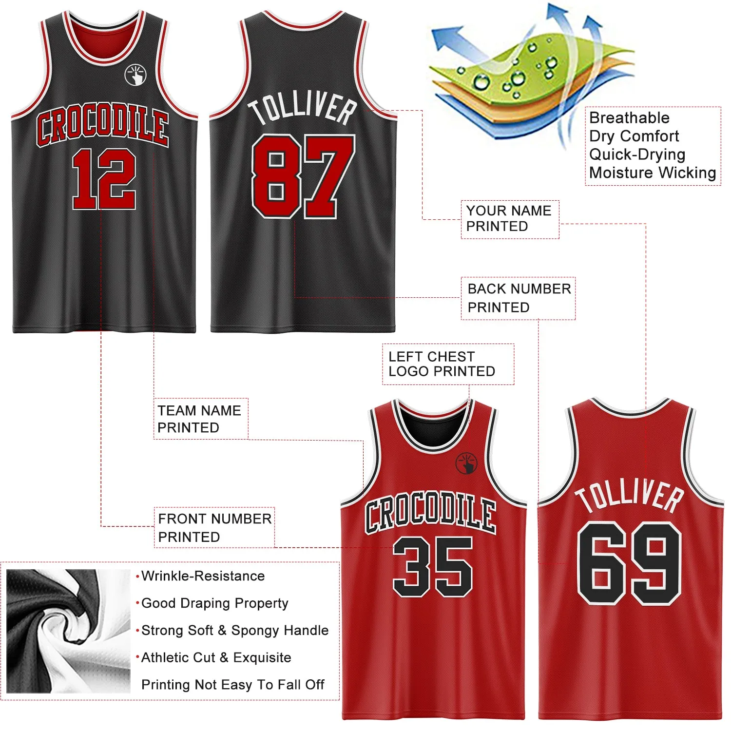 Custom Reversible Black Red-White Double Side Basketball Jersey