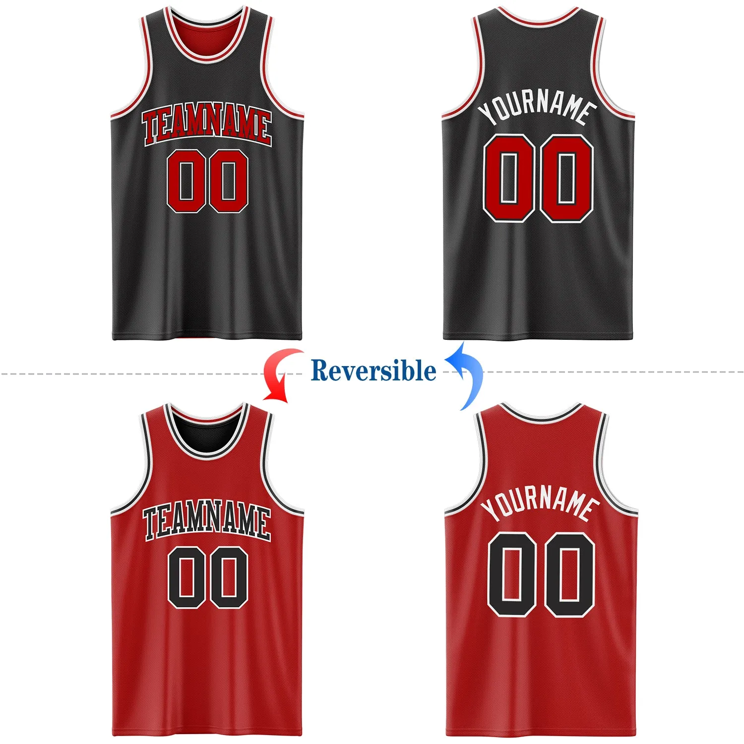 Custom Reversible Black Red-White Double Side Basketball Jersey