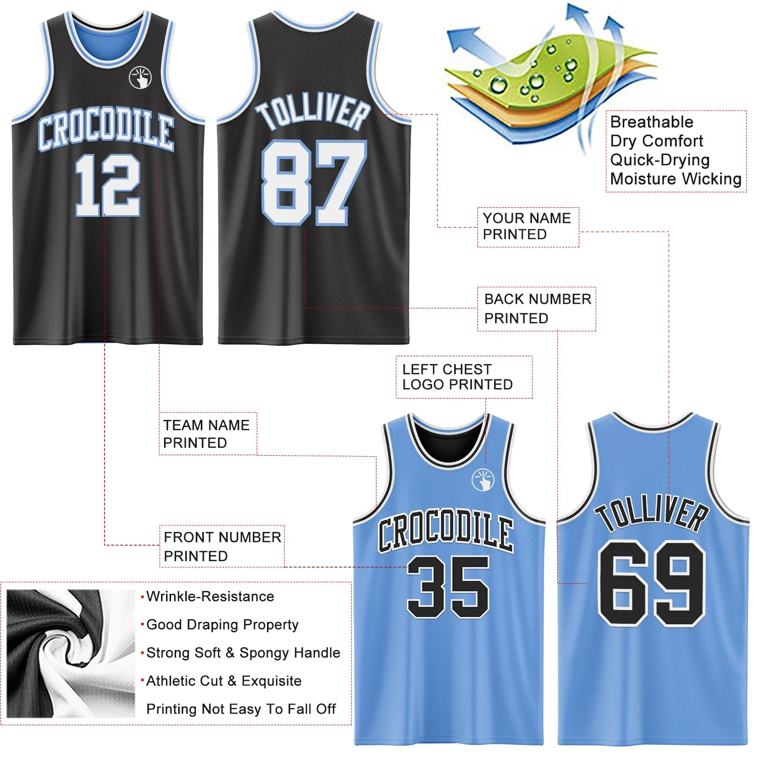 Custom Reversible Black White-Light Blue Double Side Basketball Jersey