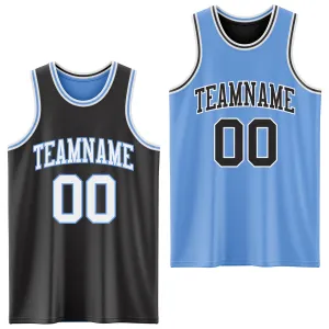 Custom Reversible Black White-Light Blue Double Side Basketball Jersey