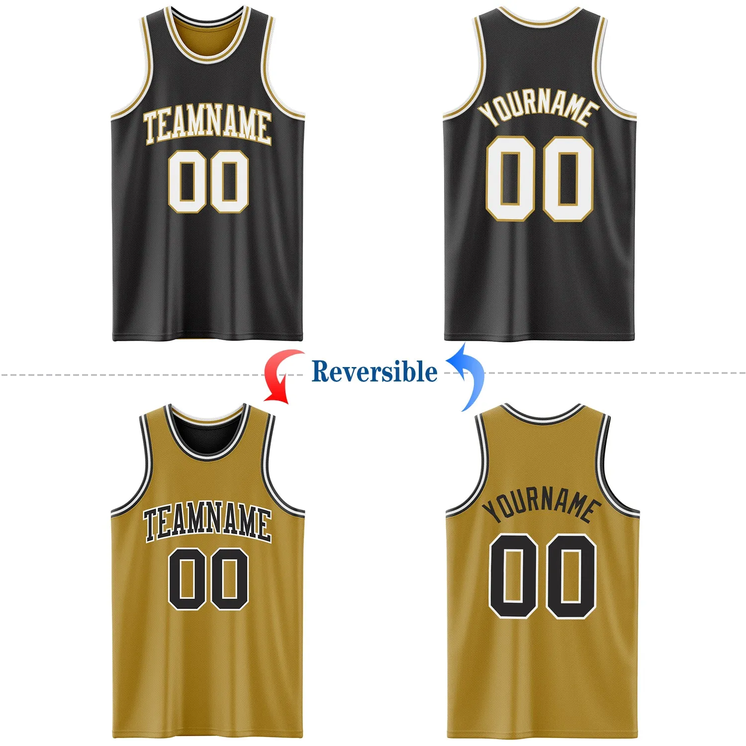 Custom Reversible Black White-Old Gold Double Side Basketball Jersey