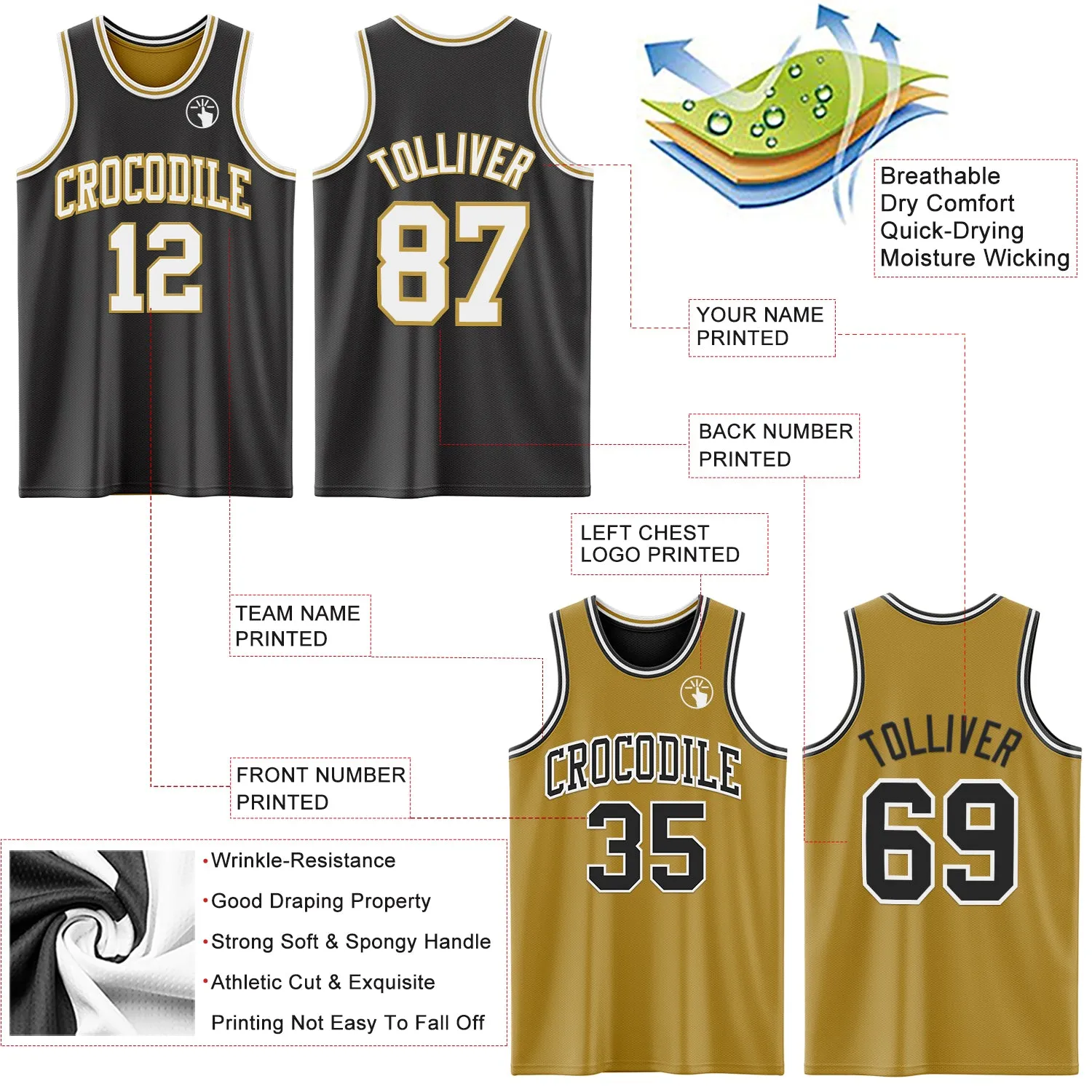 Custom Reversible Black White-Old Gold Double Side Basketball Jersey