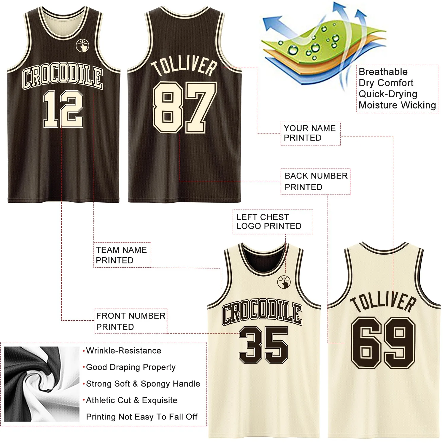 Custom Reversible Brown Cream Double Side Basketball Jersey