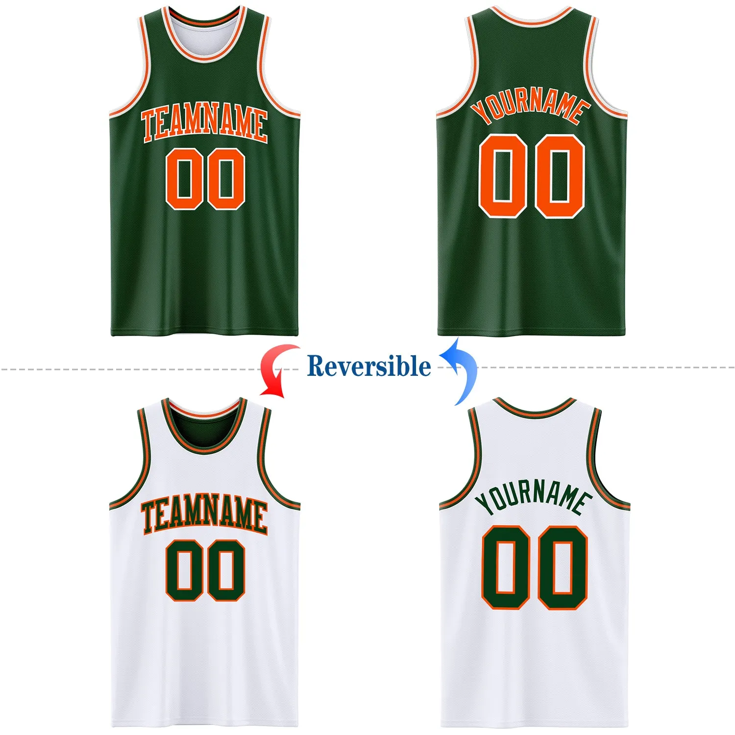 Custom Reversible Green Orange-White Double Side Basketball Jersey