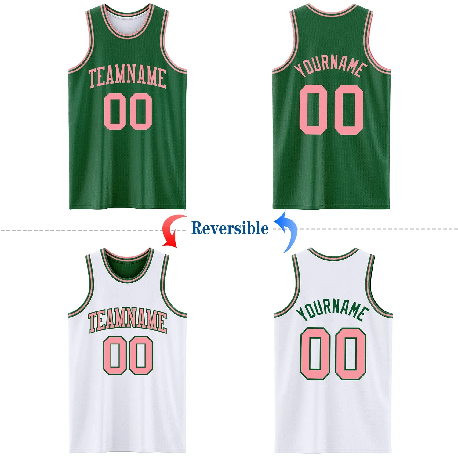 Custom Reversible Kelly Green Medium Pink Double Side Basketball Jersey