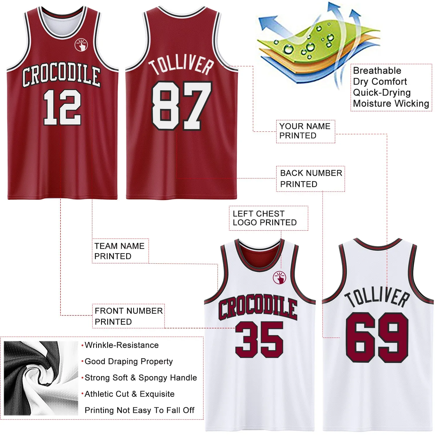 Custom Reversible Maroon White-Black Double Side Basketball Jersey
