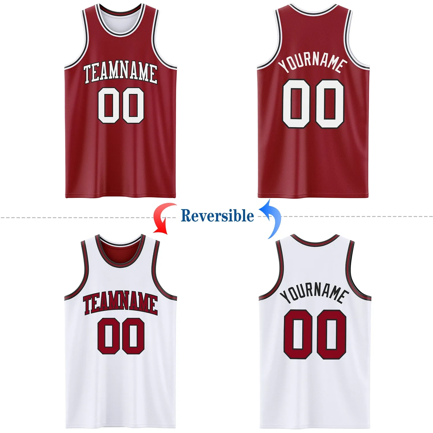 Custom Reversible Maroon White-Black Double Side Basketball Jersey