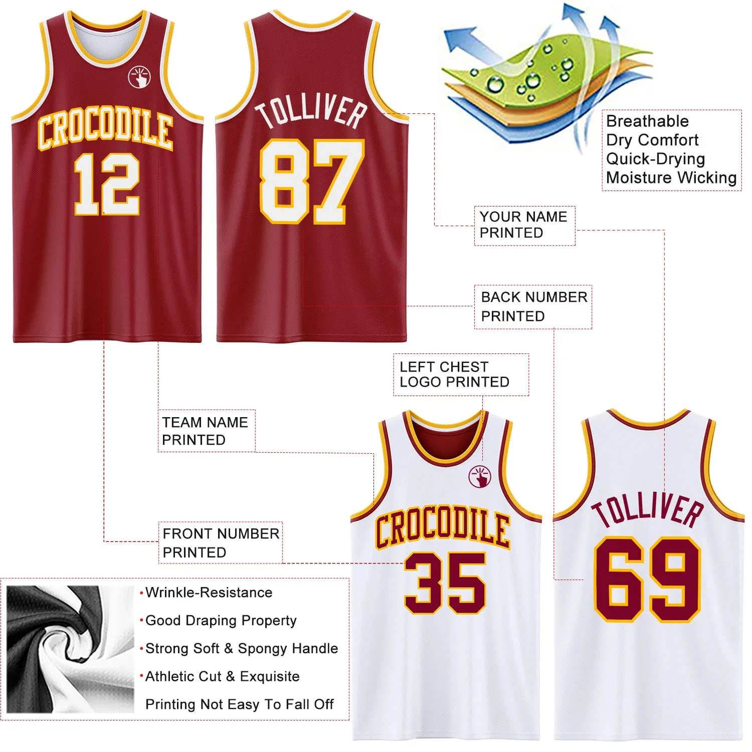 Custom Reversible Maroon White-Gold Double Side Basketball Jersey