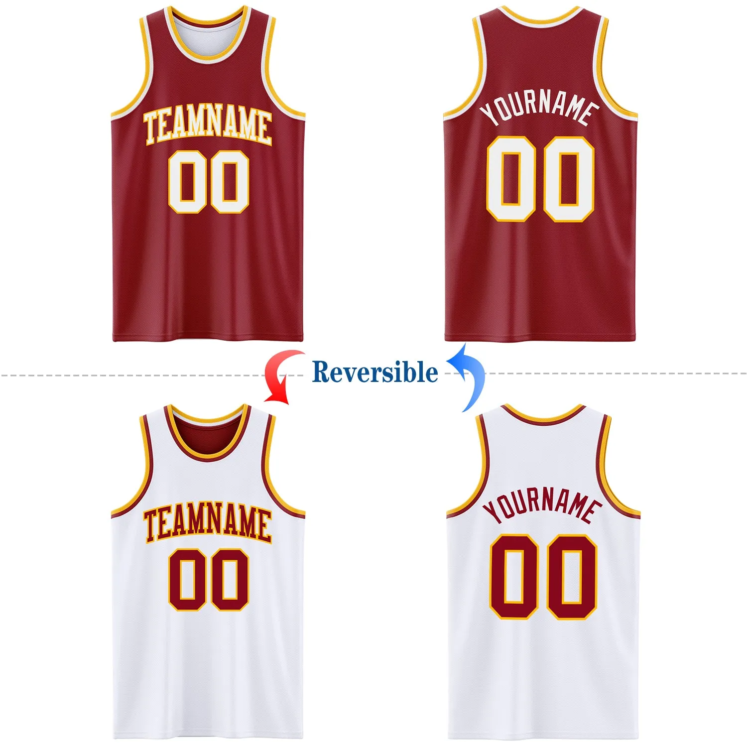 Custom Reversible Maroon White-Gold Double Side Basketball Jersey