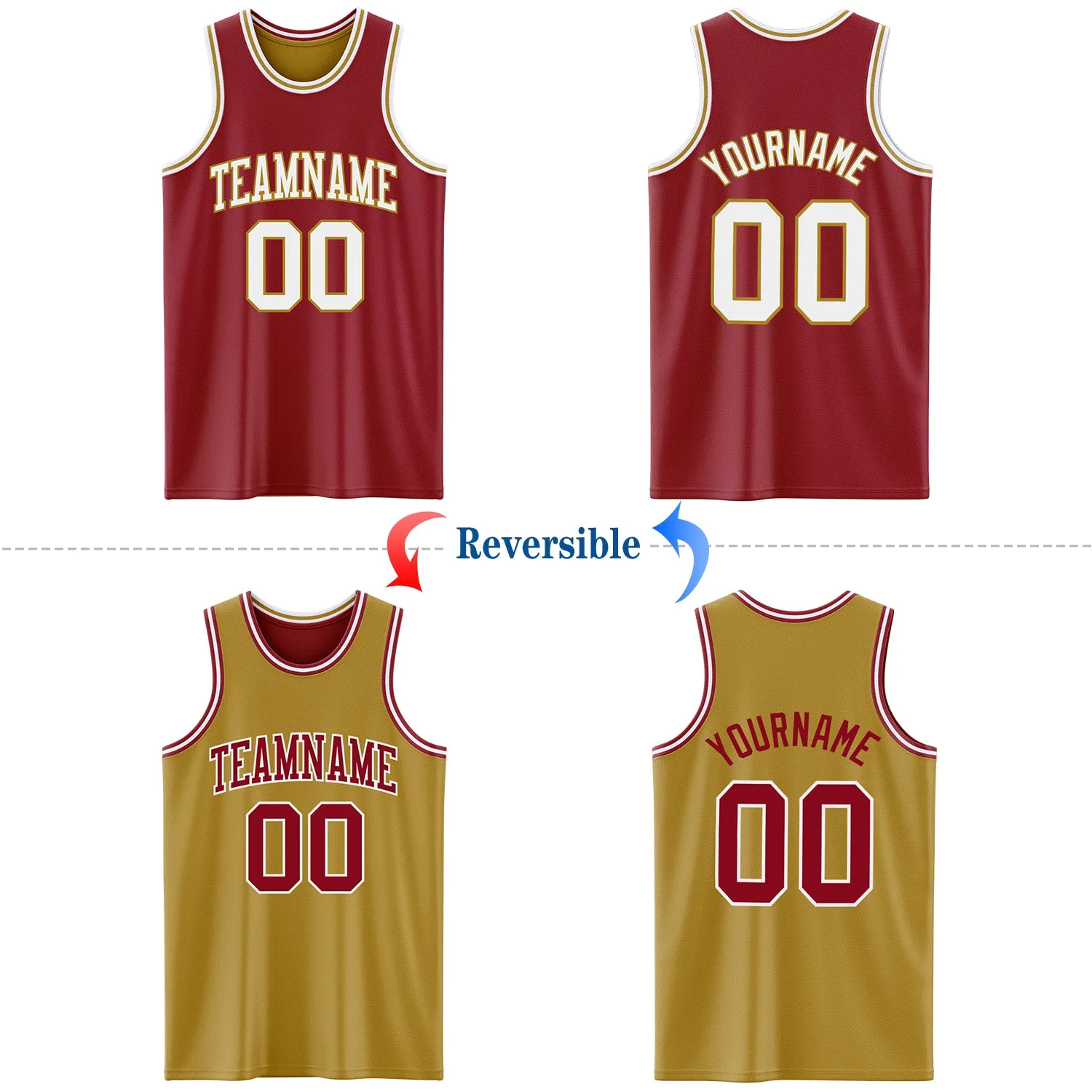 Custom Reversible Maroon White-Old Gold Double Side Basketball Jersey