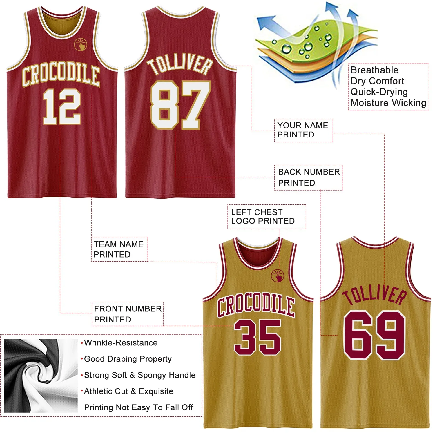 Custom Reversible Maroon White-Old Gold Double Side Basketball Jersey