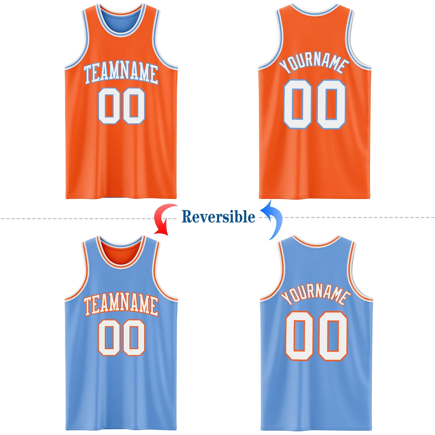 Custom Reversible Orange White-Light Blue Double Side Basketball Jersey