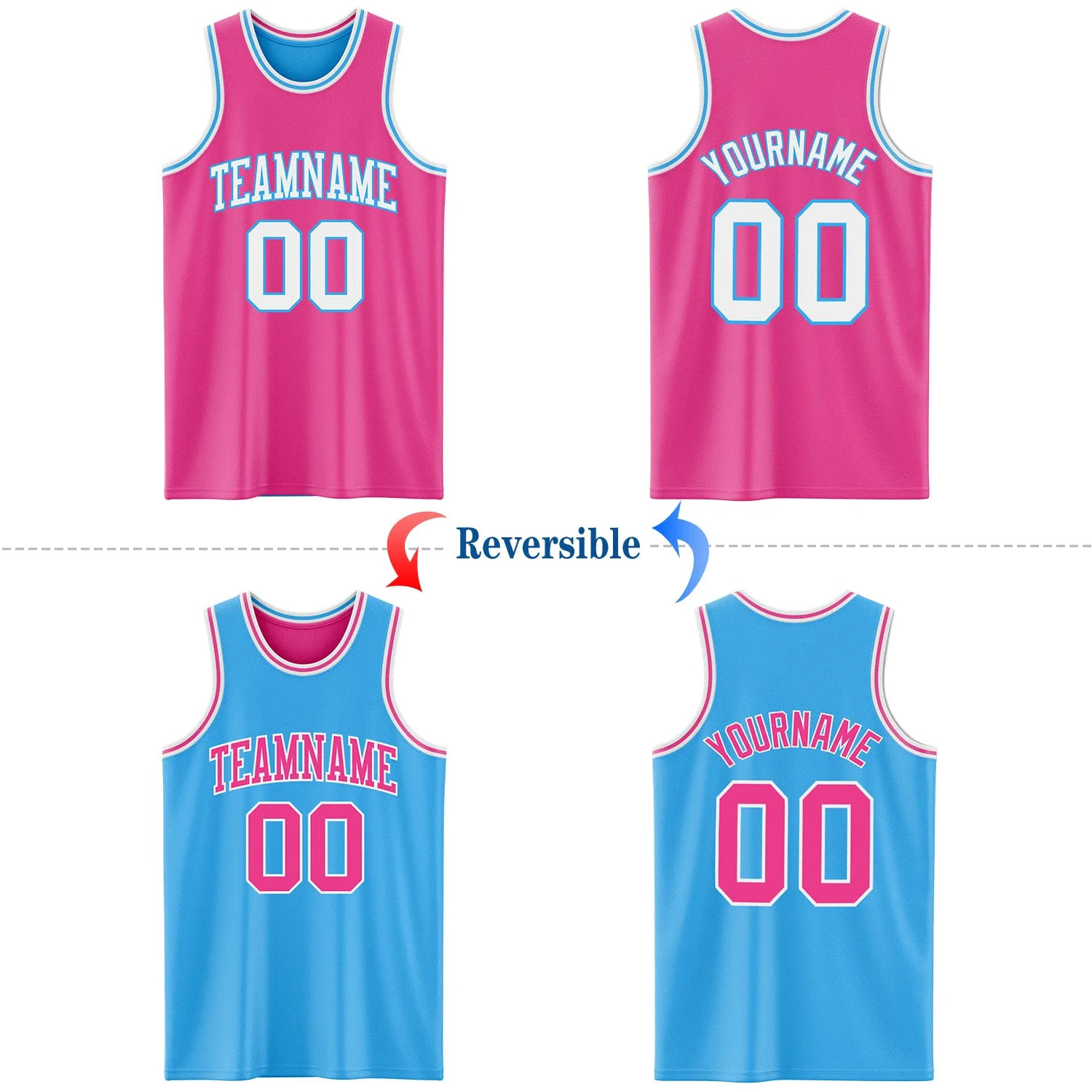 Custom Reversible Pink White-Sky Blue Double Side Basketball Jersey