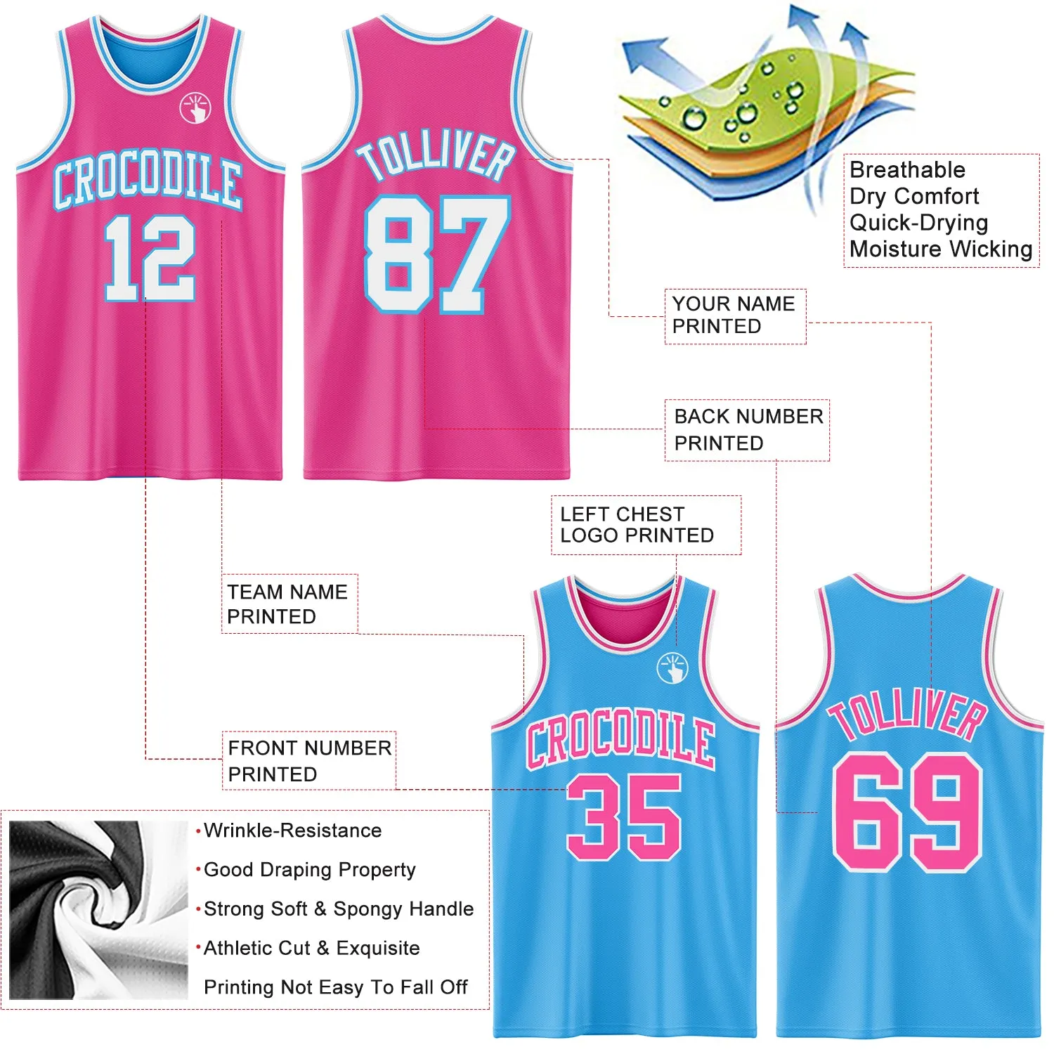 Custom Reversible Pink White-Sky Blue Double Side Basketball Jersey